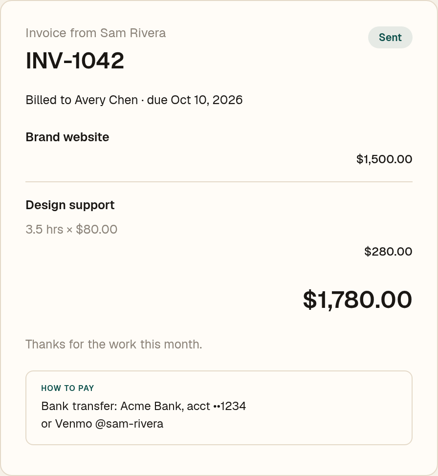 Invoice INV-1042 for Avery Chen with your payment instructions, the way a client sees it