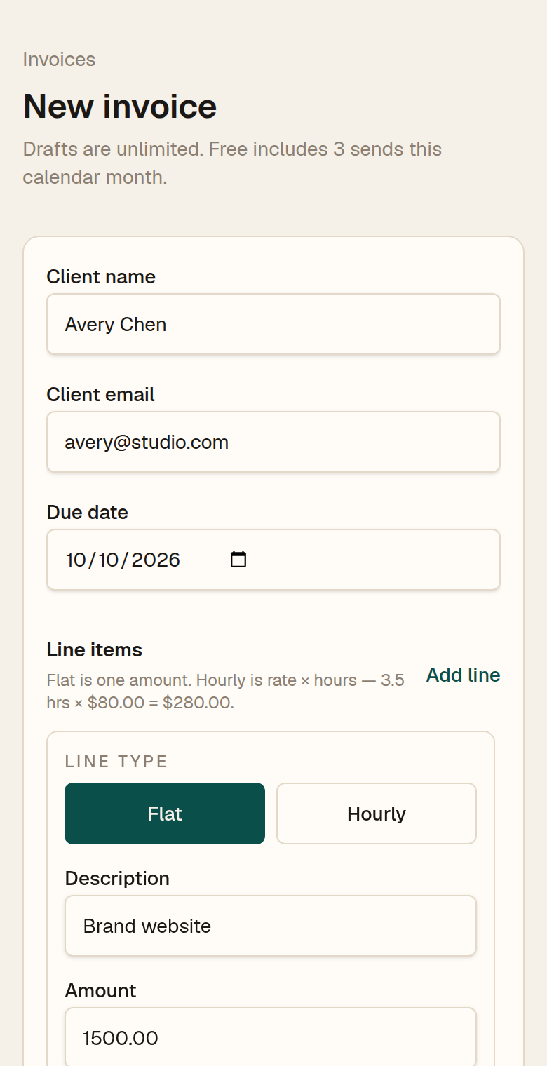 Invoice editor on a phone, with a client, line items, and a live total